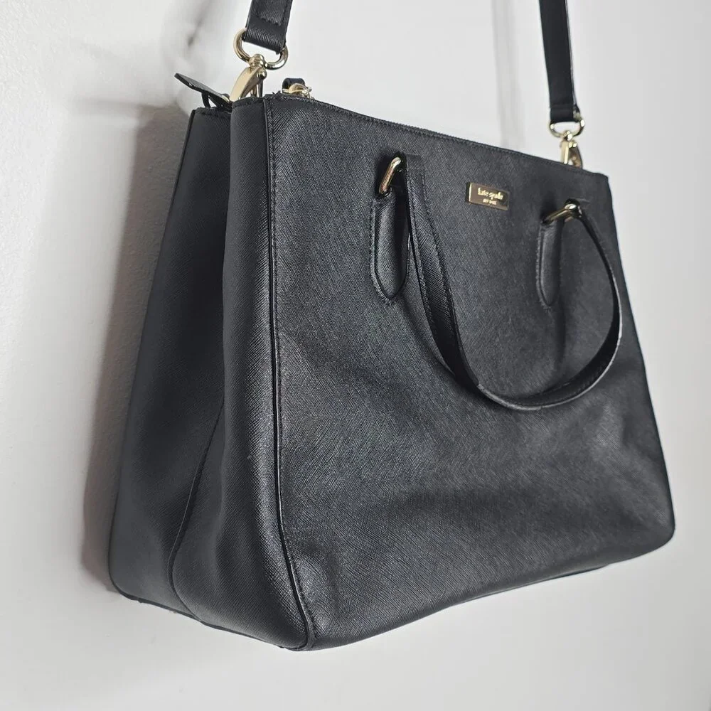 Kate Spade New York Womens Zipped Tote Shoulder Handbag Black Leather 3 Sections